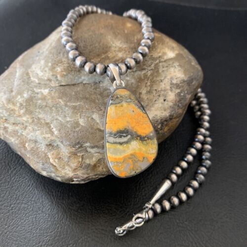 Navajo Yellow Bumblebee Jasper Pendant Necklace | Sterling Silver | Authentic Native American Handmade | 12812