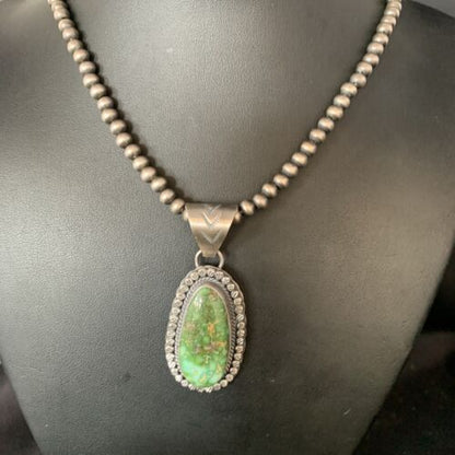 Men's Green Sonoran Gold Turquoise Pendant Necklace | Navajo Sterling Silver | Authentic Native American | 14006