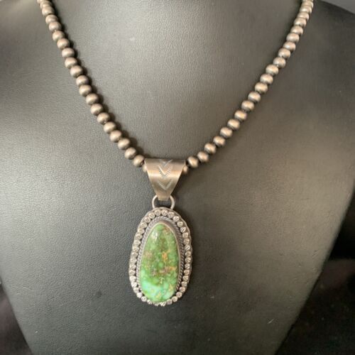 Men's Green Sonoran Gold Turquoise Pendant Necklace | Navajo Sterling Silver | Authentic Native American | 14006