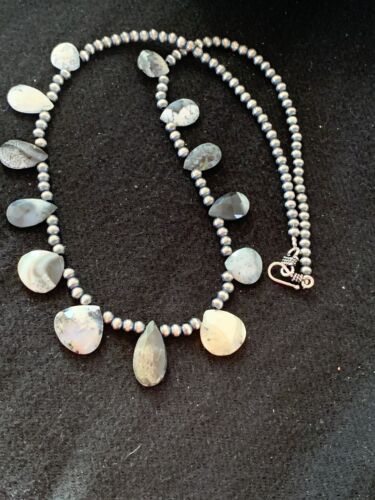 Navajo Pearls Pear Shape Necklace | Sterling Silver Black Rutile Opal Teardrop | Authentic Native American Handmade | 4088