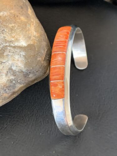 Native American Zuni Orange Spiny Oyster Inlay Cuff Bracelet | Sterling Silver | 12098
