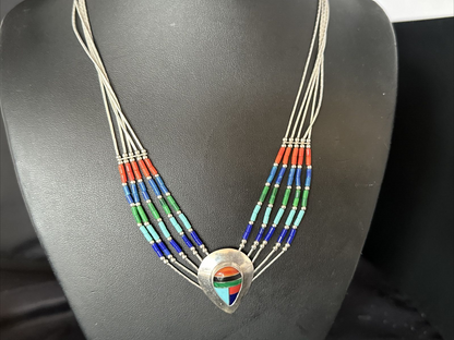 Multi-Color Liquid Silver Heishi 5-Strand Necklace | Sterling Silver Pendant | Native American Handmade | 14824 - Masha USA