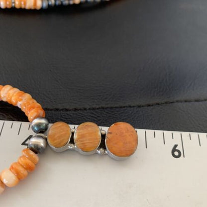 Navajo Pearls Necklace with Orange Spiny Oyster Pendant | Authentic Native American Sterling Silver | Multi-Stone | 12370
