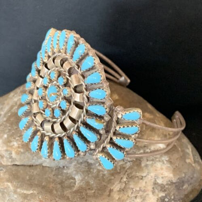 Navajo Old Pawn Zuni Blue Turquoise Cuff Bracelet | Sterling Silver | Authentic Native American Handmade | 12836
