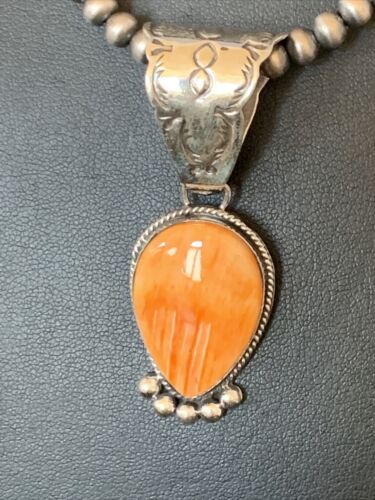 Navajo Orange Spiny Oyster Pendant Necklace | Sterling Silver | Authentic Native American Handmade | 13075