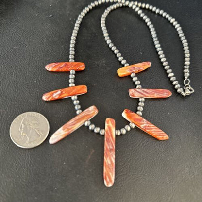 Navajo Spiny Oyster Stick Bead Necklace | Sterling Silver | 20" | Authentic Native American Handmade | 14328