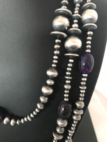 Navajo Pearls Necklace | Sterling Silver Sugilite Beads | 70" | Authentic Native American Handmade | 8052
