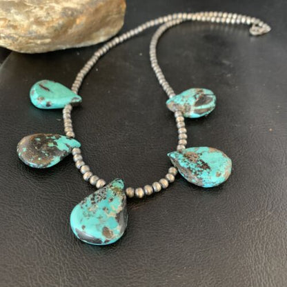 Navajo Teardrop Blue Turquoise Necklace | Sterling Silver Pearls | 20" | Authentic Native American Handmade | 13961