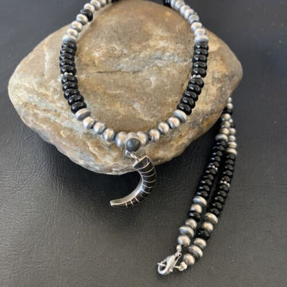 Navajo Inlay Pendant | Sterling Silver Black Onyx Necklace | Authentic Native American Handmade | 12281