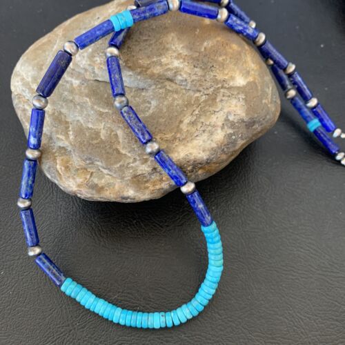 Native American Men's Navajo Lapis Turquoise Bead Necklace | Sterling Silver | 21" | 12471