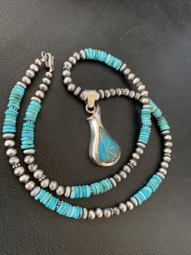 Navajo Pearl Necklace with Blue Turquoise Pottery Pendant | Sterling Silver | Authentic Native American Handmade | 12502