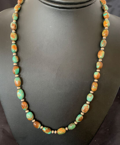 Navajo Pearls Royston Bead Green Turquoise Necklace | Sterling Silver | Authentic Native American Handmade | 20" | 11465
