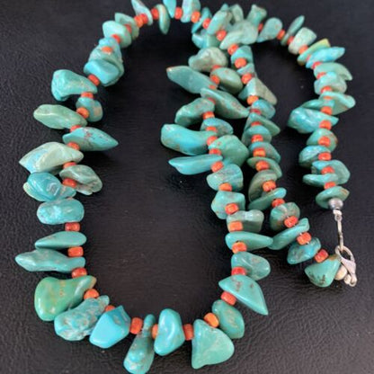 Navajo Green Turquoise & Spiny Oyster Graduated Necklace | Sterling Silver | Authentic Native American | 21" | 14009