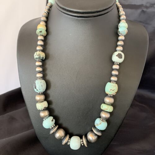 Navajo Pearl Dry Creek Turquoise Beads Necklace | Sterling Silver | 21" | Handmade | 10940
