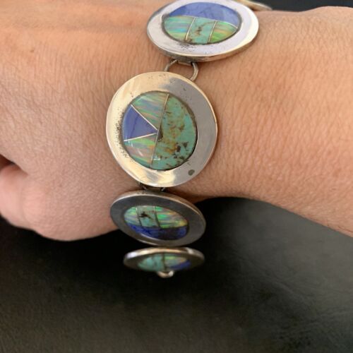 Navajo Opal Turquoise Blue Lapis Inlay Link Bracelet | Sterling Silver | 8" | Authentic Native American Handmade | 12654