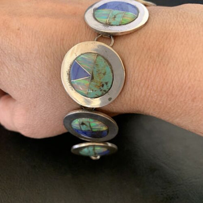 Navajo Opal Turquoise Blue Lapis Inlay Link Bracelet | Sterling Silver | 8" | Authentic Native American Handmade | 12654