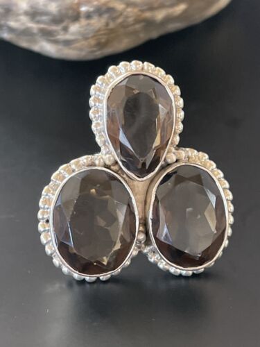 Navajo Smokey Quartz Cluster Ring | Authentic Native American Sterling Silver | Multi-Stone | Sz 8 | 11451