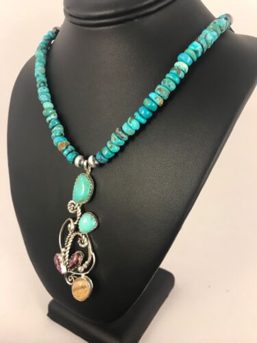 Blue Turquoise & Spiny Oyster Pendant Navajo Sterling Silver Necklace 8487
