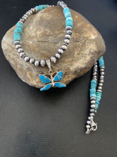 Navajo Pearl Sterling Silver Butterfly Turquoise Necklace Pendant | Authentic Native American Handmade | 12559