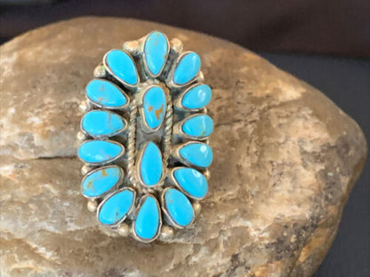 Navajo Blue Cluster Turquoise Needlepoint Ring | Authentic Native American Sterling Silver | Multi-Stone | Sz 8 | 11942