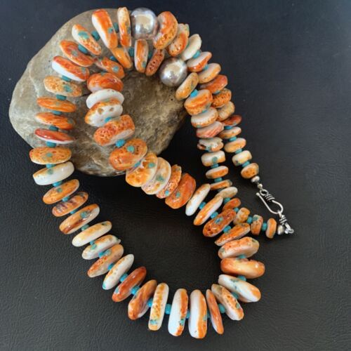 Womens Navajo Turquoise Orange Spiny Oyster Sterling Silver Necklace 12733