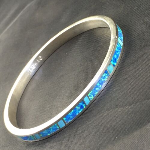 Navajo Blue Opal Inlay Bracelet | Sterling Silver | 8"  Bangle | Authentic Native American Handmade | 10195