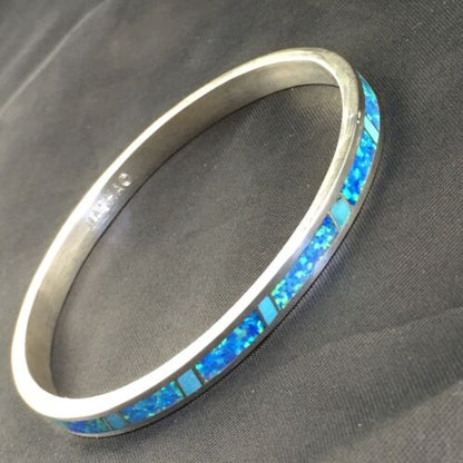 Navajo Blue Opal Inlay Bracelet | Sterling Silver | 8"  Bangle | Authentic Native American Handmade | 10195