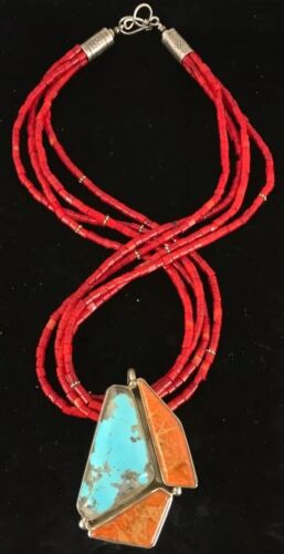 Navajo Spiny Oyster & Turquoise Pendant | Sterling Silver Coral Bead Necklace | Multi-Strand | 8477