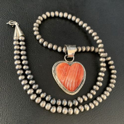 Navajo Red Heart Spiny Oyster Pendant Necklace | Sterling Silver | Authentic Native American Handmade | 13951 - Masha USA