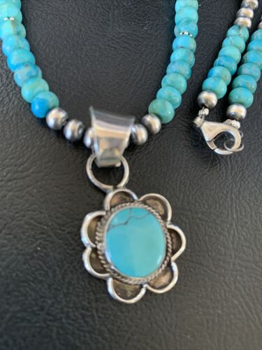 Navajo Blue Turquoise Pendant Necklace | Sterling Silver Pearls | Authentic Native American Handmade | 13218