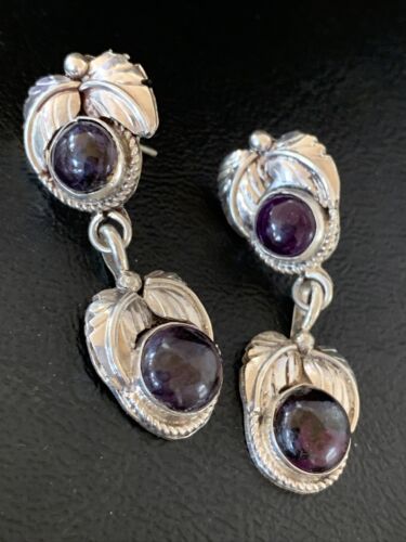 Navajo Purple Sugilite Post Dangle Earrings | Sterling Silver | Authentic Native American Handmade | 1596