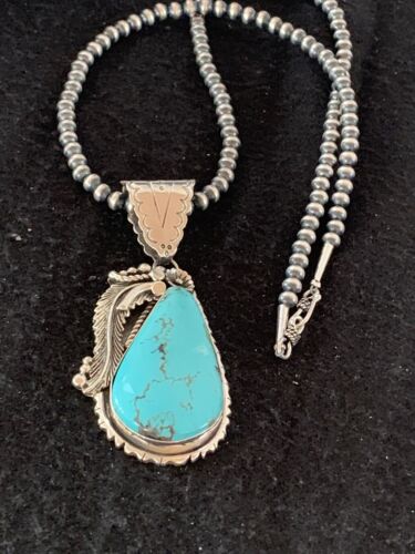 Men's Kingman Turquoise Pendant | Navajo Pearls Sterling Silver Necklace | Authentic Native American Handmade | 4299
