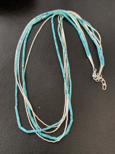 Navajo Turquoise Tube Beads | Liquid Silver Heishi | 5-Strand Sterling Silver Necklace 21" | 2178
