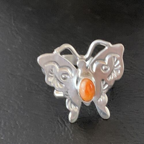 Navajo Orange Spiny Oyster Butterfly Ring | Sterling Silver | Sz Adj 8 | Authentic Native American Handmade | 10344