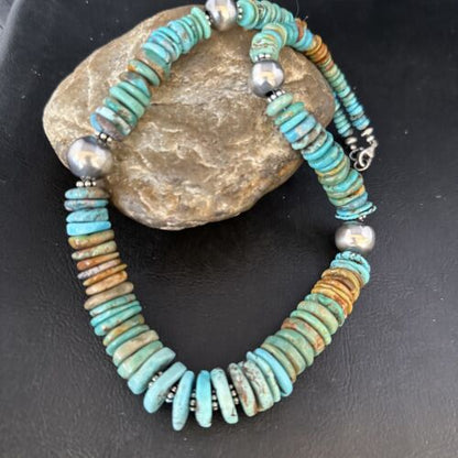 Navajo Blue Green Turquoise Bead Necklace | Sterling Silver | Graduated | Authentic Native American | 20" | 14240