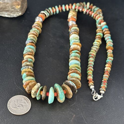 Navajo Turquoise & Red Spiny Oyster Necklace | Sterling Silver | Authentic Native American | 32" | 14379