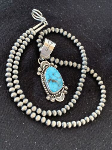 Navajo Spiderweb Kingman Turquoise Pendant Necklace | Sterling Silver | Authentic Native American Handmade | 690