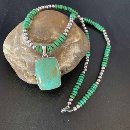 Navajo Green Turquoise Pendant Necklace | Sterling Silver Beads | Authentic Native American Handmade | 13304