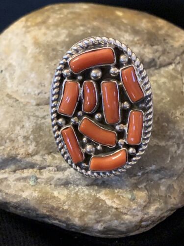 Navajo Red Coral Cluster Ring | Authentic Native American Sterling Silver | Multi-Stone | Sz 9 | 00509