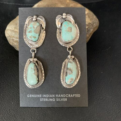 Navajo Blue Dry Creek Turquoise Post Dangle Earrings | Sterling Silver | Authentic Native American Handmade | 13880