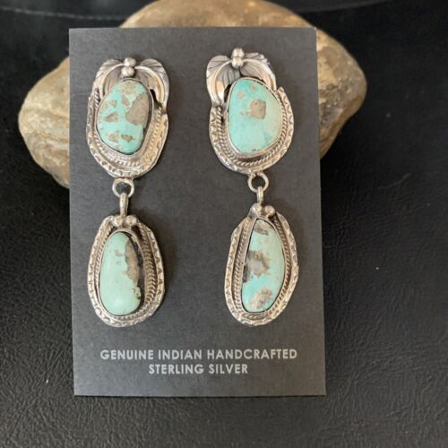 Navajo Sterling Silver Blue DRY CREEK Turquoise Post Dangle Earrings 13880