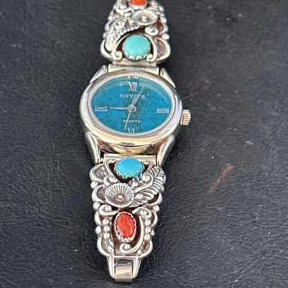 Navajo Blue Turquoise & Coral Watch Tips | Sterling Silver | Authentic Native American Jewelry | 14325
