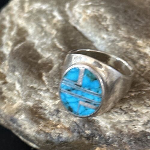 Navajo Blue Turquoise Inlay Ring | Sterling Silver | Sz 9.5 | Authentic Native American Handmade | 14749