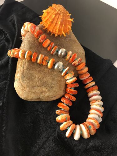 Authentic Native American Navajo Necklace | Orange Spiny Oyster & Turquoise | Sterling Silver | 22"