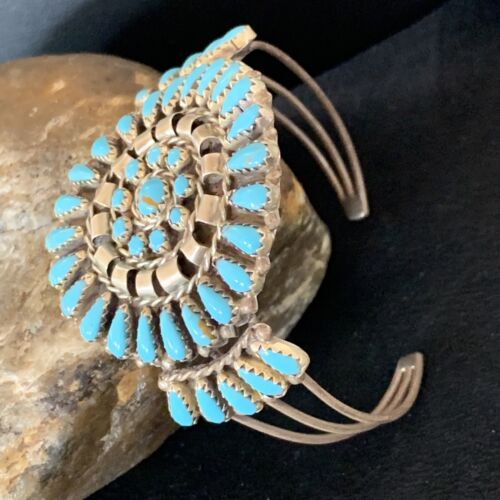 Navajo Old Pawn Zuni Blue Turquoise Cuff Bracelet | Sterling Silver | Authentic Native American Handmade | 12836