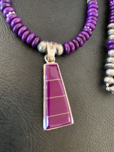 Authentic Native American Navajo Pearl Necklace with Purple Sugilite Pendant | Sterling Silver | 18" | 12349