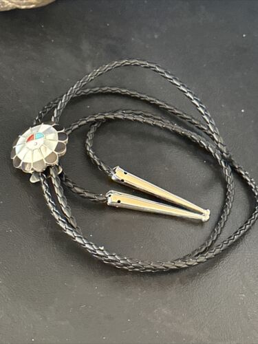 Men's Bolo Tie | Zuni Sunface Mother of Pearl Coral Turquoise Inlay | Sterling Silver | 14754