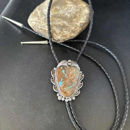 Navajo Blue Boulder Turquoise Bolo Tie | Sterling Silver | Authentic Native American Handmade | 14252