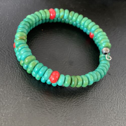 Navajo Coral Green Turquoise Bracelet | Stainless Steel Memory Wire | Authentic Native American Handmade | 13313