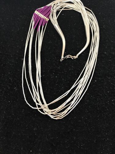 Native American Sugilite Heishi Tubes Necklace | 10 Strand Liquid Sterling Silver | 8561
